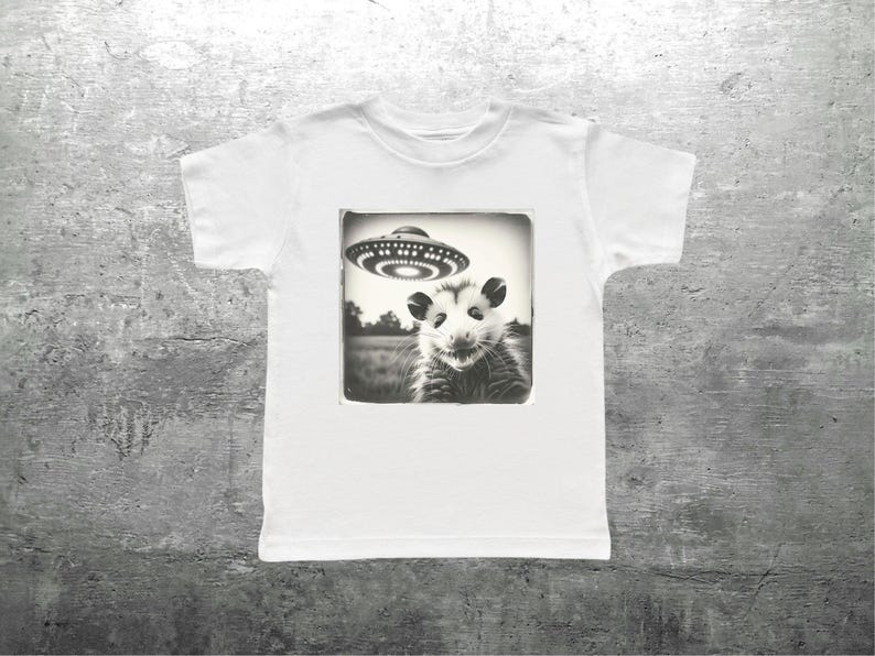 May include: White t-shirt with a black and white image of an opossum and a UFO. The opossum is in a field, and the UFO is above it. The shirt is made of a soft material. A fun, quirky design.