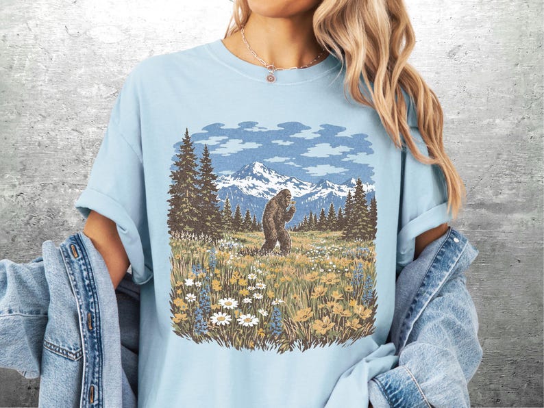 Vintage Sasquatch Shirt, Funny Cryptid Tee, Oversized, Womens, Mens, Comfort Colors T-shirt Chambray