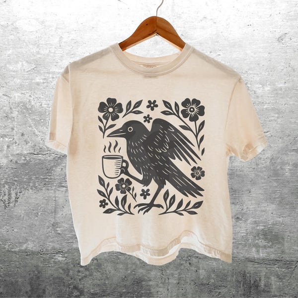 Boho Crow Coffee Comfort Colors Crop Tee Shirt, Boxy 3023CL T-shirt, Womens, Unisex