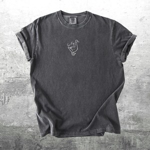 May include: A dark gray t-shirt with a white goose graphic and the word "Silly" printed on the front.