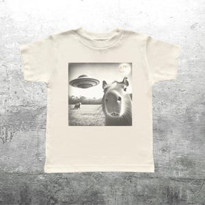 May include: A white t-shirt with a black and white image of a capybara looking up at a flying saucer. The image also shows a small animal in the distance.