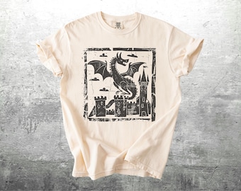 Vintage Dragon T-shirt, Medieval Dragon Shirt, Block Print Style Dragon Shirt, Oversize Womens, Mens, Unisex Comfort Colors T-shirt