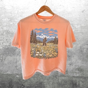 Puede incluir: Camiseta color melocot&oacute;n con un gr&aacute;fico de un Bigfoot en un campo con &aacute;rboles, monta&ntilde;as y cielo azul. La camiseta est&aacute; colgada en una percha de madera contra una pared de hormig&oacute;n gris.