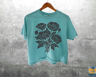 Boho Floral Graphic Tees For Women, Comfort Colors Crop Top Boxy Tee 3023CL T-shirt
