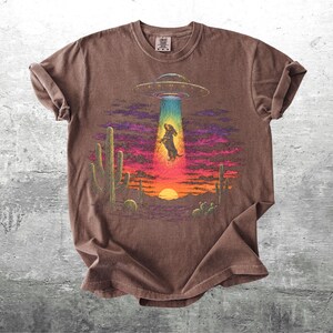 May include: A brown short-sleeve t-shirt featuring a graphic of a dachshund being abducted by a flying saucer in a desert landscape at sunset. The scene includes cacti, a bright sun on the horizon, and a colorful sky with purple and orange hues.