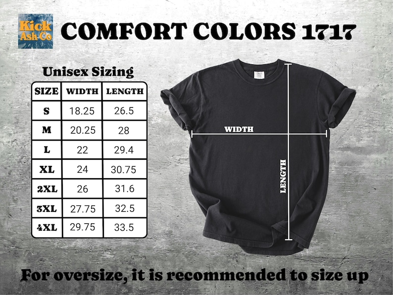 May include: A black t-shirt displayed with a sizing chart titled Comfort Colors 1717. The chart lists sizes S through 4XL with corresponding width and length measurements in inches. A white line indicates where width and length are measured.