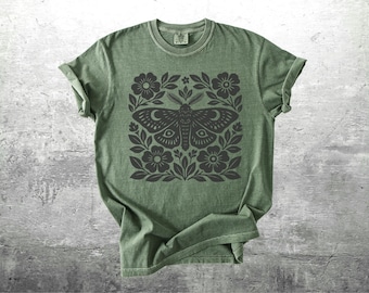 Boho Cottagecore Shirts, Moth Block Print Style, Oversize, Womens, Unisex Comfort Colors T-shirt