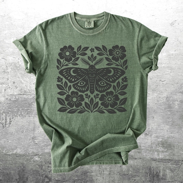 Boho Cottagecore Shirts, Moth Block Print Style, Oversize, Womens, Unisex Comfort Colors T-shirt