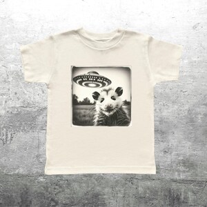 May include: Off-white t-shirt with a black and white image of an opossum and a UFO. The opossum is in a field, and the UFO is above it. The shirt is made of a soft material.