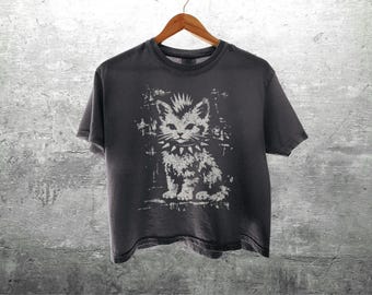 Camiseta corta vintage divertida con estampado de gato, gatito punk, para mujer, unisex, Comfort Colors, corte holgado, 3023CL
