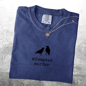 May include: A navy blue t-shirt with the words "attempted murder" printed below a graphic of two black crows. A silver necklace with a circular pendant rests on the shirt. The shirt is a Comfort Colors brand.