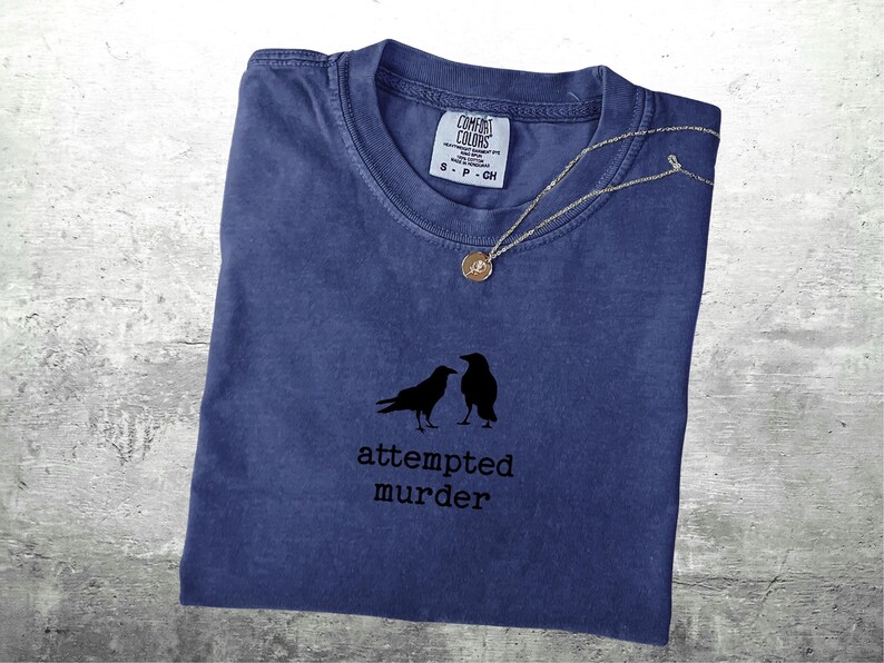 May include: A navy blue t-shirt with the words "attempted murder" printed below a graphic of two black crows. A silver necklace with a circular pendant rests on the shirt. The shirt is a Comfort Colors brand.