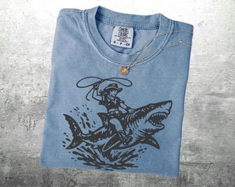 Vintage Western Shirt, Cowgirl Riding Shark, Trendy Graphic Tee, Oversize, Womens, Unisex Comfort Colors