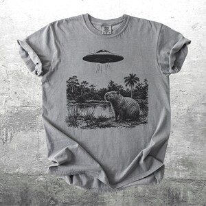 May include: A gray t-shirt featuring a black and white graphic of a capybara standing near a body of water with a UFO hovering above. The shirt has rolled-up sleeves and a crew neck. The text "Kick Ash Co" is in the bottom right corner.