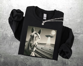 Funny Horse Sweatshirt, Selfie Picture, Flying Saucer, Mens, Womens, Gildan 18000 Crewneck