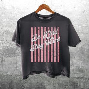 May include: A charcoal grey short-sleeve t-shirt featuring a graphic design of vertical pink stripes with a distressed texture. The white text printed over the stripes reads "Be Kind Stay Weird" in a cursive font. The shirt hangs on a wooden hanger.