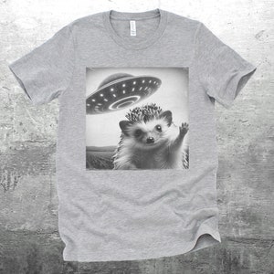 May include: A gray t-shirt with a black and white image of a hedgehog waving with a UFO hovering above it.
