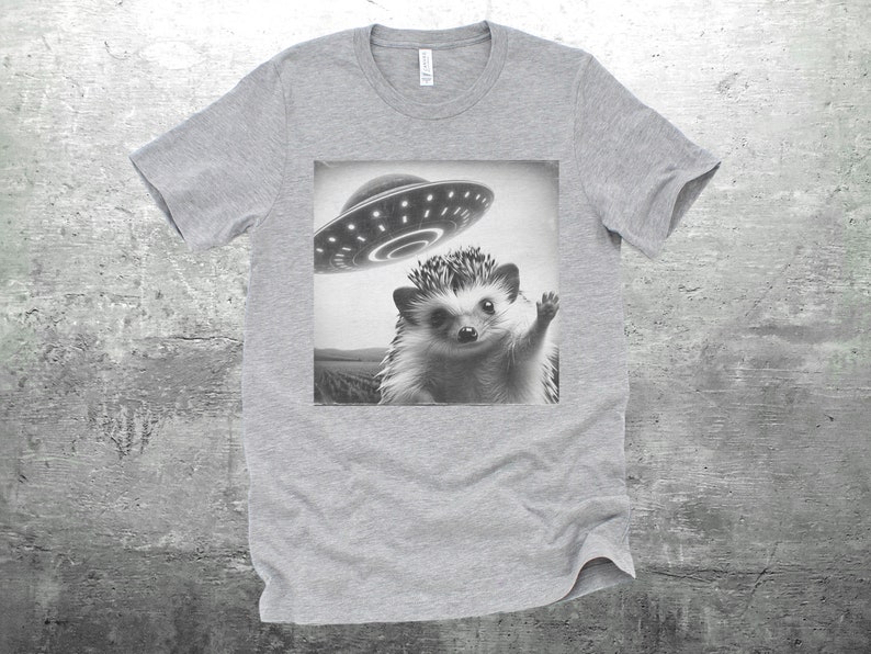 May include: A gray t-shirt with a black and white image of a hedgehog waving with a UFO hovering above it.