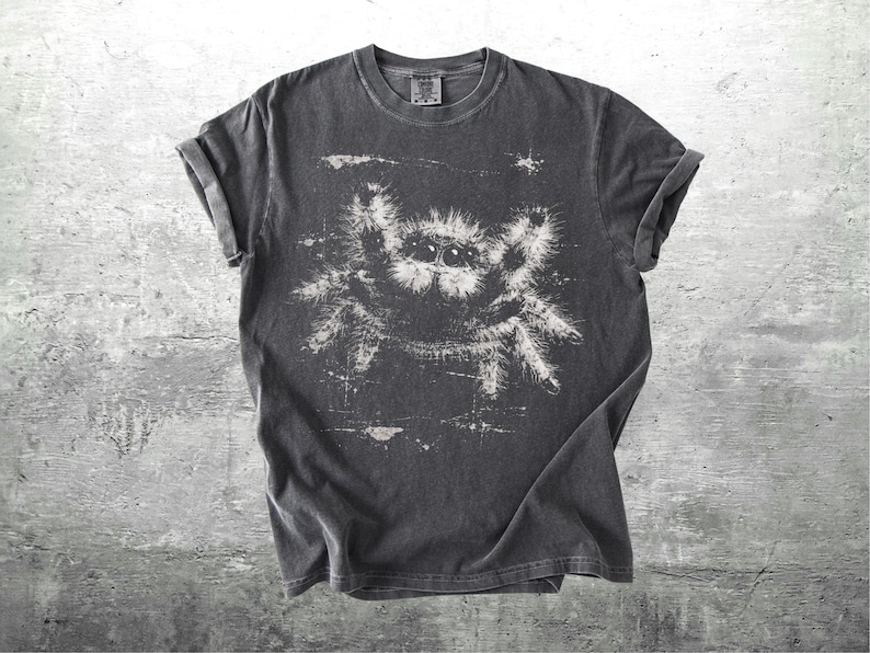 Op de afbeelding: Donkergrijs t-shirt met een verweerde witte afbeelding van een springspin. Het shirt heeft een ronde hals en opgerolde mouwen. Het spinnenontwerp is gecentreerd op de voorkant.