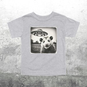 May include: A grey t-shirt with a black and white image of an opossum and a UFO. The image is in a square frame. The shirt is made of a soft material.
