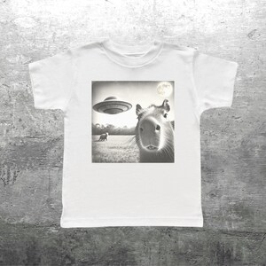 May include: A white t-shirt with a black and white image of a capybara looking up at a flying saucer. The image also shows a small animal in the background.