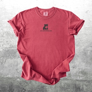 May include: A red t-shirt with rolled-up sleeves. The shirt features a small black graphic of a cat and the phrase "are you kitten me" printed below the graphic. The shirt is displayed on a gray surface.