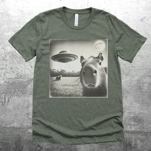 K&ouml;nnte beinhalten: Ein gr&uuml;nes T-Shirt mit einem Schwarzwei&szlig;bild eines Capybaras, das zu einem UFO aufblickt. Das Bild zeigt auch ein kleines Tier im Hintergrund.