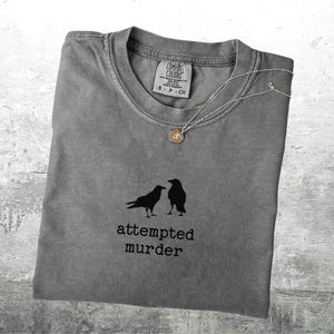 May include: Gray t-shirt with a crew neck, featuring a black graphic of two crows and the text "attempted murder." A silver necklace with a pendant is draped over the shirt.