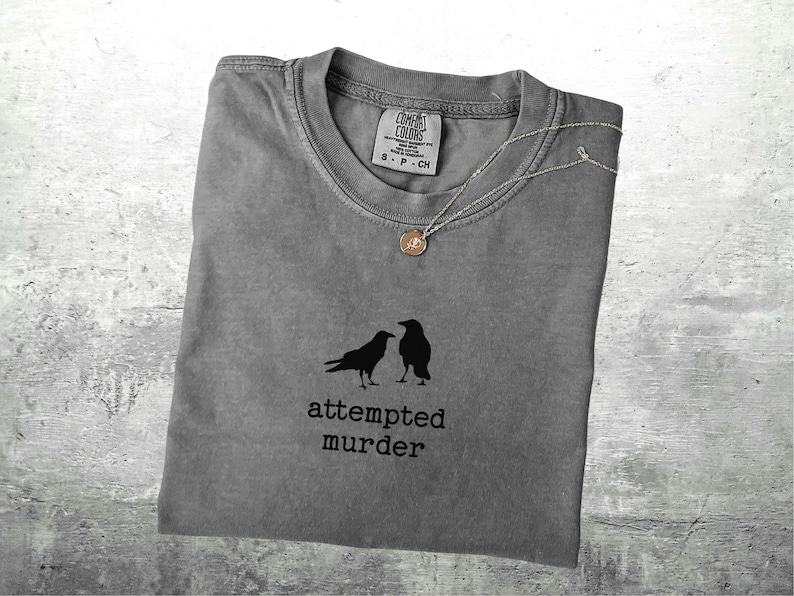 May include: Gray t-shirt with a crew neck, featuring a black graphic of two crows and the text "attempted murder." A silver necklace with a pendant is draped over the shirt.