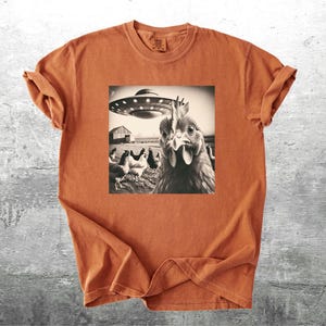 May include: Burnt orange t-shirt featuring a black and white graphic of a chicken looking at a UFO. Other chickens and a barn are in the background. The shirt has short sleeves and a crew neck.