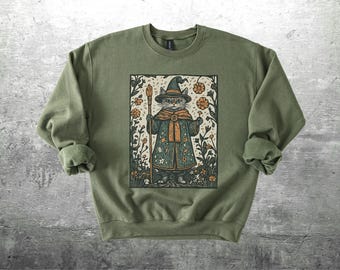 Wizard Cat Sweatshirt, Cottagecore Witchy Shirt, Oversize, Womens, Unisex Gildan 18000 Crewneck