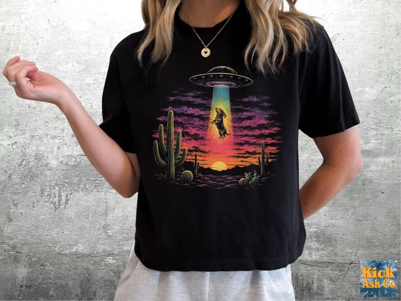 Puede incluir: Una camiseta negra de manga corta con un estampado gr&aacute;fico de un paisaje des&eacute;rtico al atardecer con cactus y un OVNI abduciendo a un perro peque&ntilde;o. El dise&ntilde;o utiliza colores vibrantes como el morado, rosa, naranja y azul para el cielo.