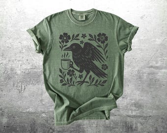 Boho Crow Shirt, Bird Coffee Lover, Oversize, Womens, Mens, Comfort Colors T-shirt