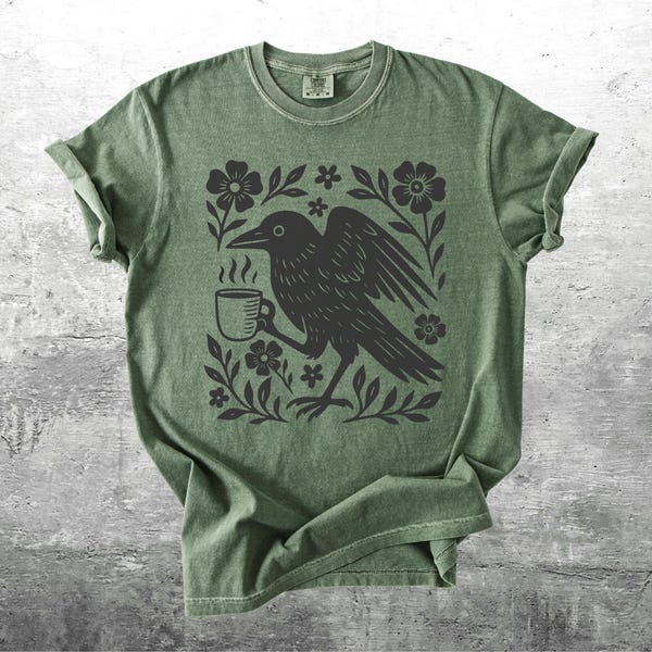 Boho Crow Shirt, Bird Coffee Lover, Oversize, Womens, Mens, Comfort Colors T-shirt