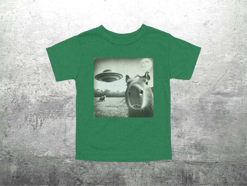 May include: A green t-shirt with a black and white graphic of a capybara looking at the camera. The graphic also shows a flying saucer in the background.