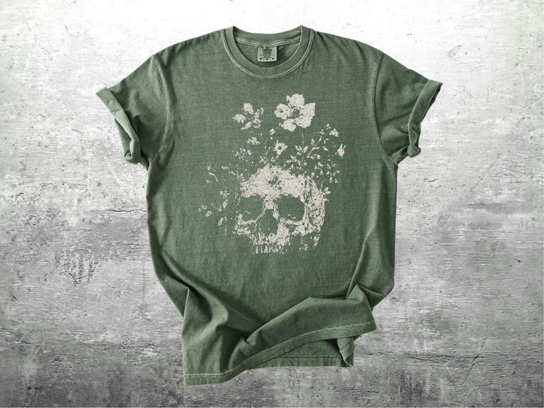 Floral Skull Shirt, Oversize, Womens, Comfort Colors T-shirt Moss