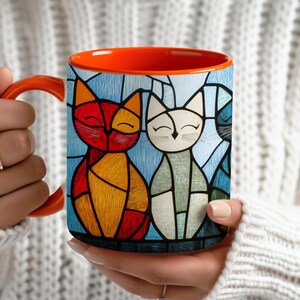 Stained Glass Cat Coffee Mug, Vibrant Cat Lover Gift, Colorful Ceramic Cup for Coffee and Tea, Unique Birthday Gift for Cat Owners