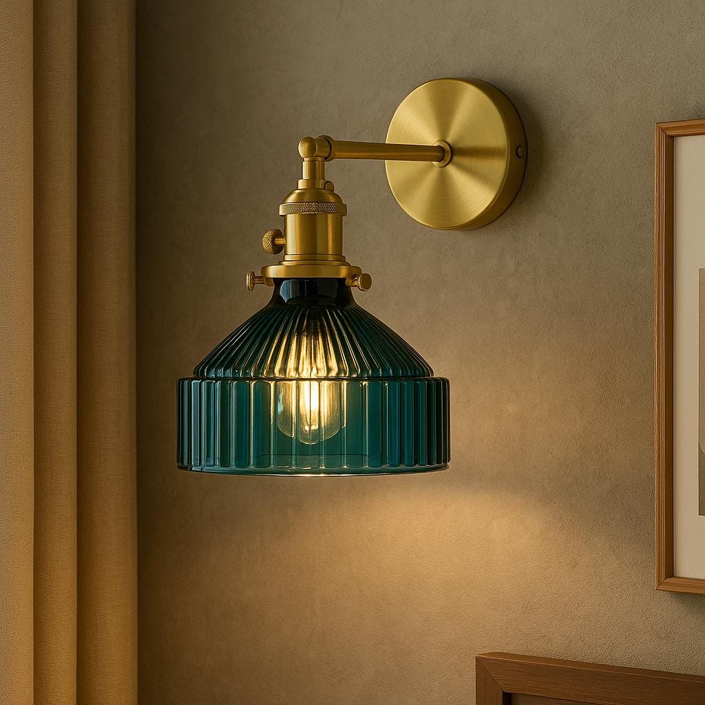 Arandela de latão vintage com cúpula de vidro canelado | Luminária de parede industrial elegante para sala de estar, quarto, corredor ou escritório