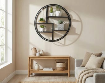 18" Black Round Wall Shelf, 4 Tier Metal Hanging Circle Decor Unit