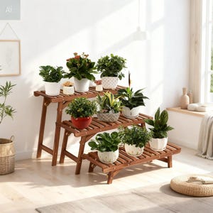 May include: A tiered wooden plant stand with three levels, displaying various potted plants. The stand is made of dark brown wood and has a slatted design. The plants are in white, red, and patterned pots. The stand is indoors, near a window.