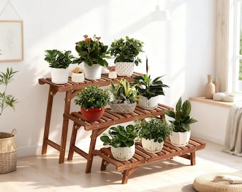 3-Tier Ladder Plant Stand Wooden Indoor Outdoor Shelf Flower Pot Rack