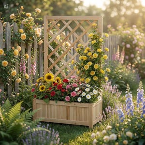 May include: A wooden planter box with a trellis, filled with colorful flowers. The box is made of light-colored wood and sits on a grassy area. Yellow roses climb the trellis, and sunflowers, daisies, and other flowers fill the box.