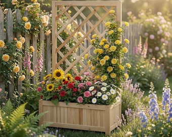 Wood Raised Garden Bed with Trellis, Outdoor Planter for Climbing Plants