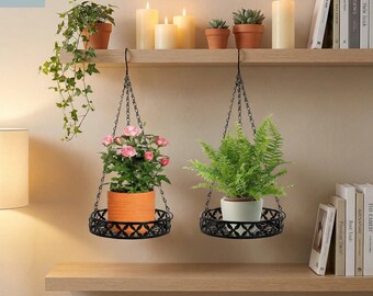 2 Pack Hanging Planters Black Metal Basket with Chains Indoor Outdoor Decor