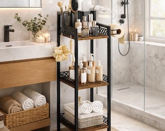 Bathroom Storage Shelf with Hair Dryer Holder | 3-Tier Rustic Organizer