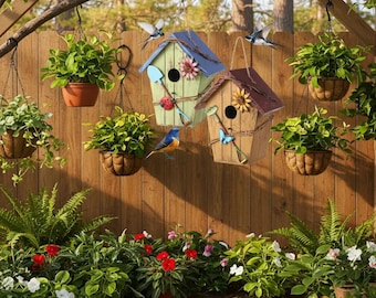 Hand Painted Wooden Birdhouse Set of 2 Outdoor Hanging Garden Decor