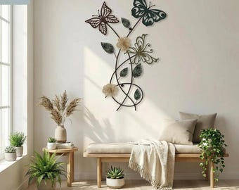 Rustic Floral Butterfly Wall Art – Burlap Flowers for Farmhouse Living Room