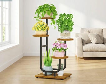 Black 4 Tier Plant Stand, Metal Wood Corner Shelf, Indoor Outdoor Rack