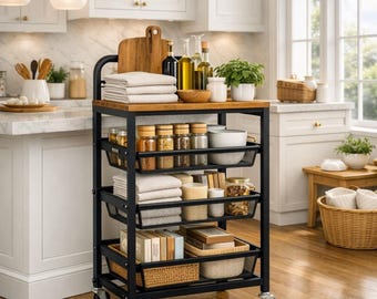 4 Tier Rolling Storage Cart with Pull-Out Baskets | Utility Organizer on Wheels