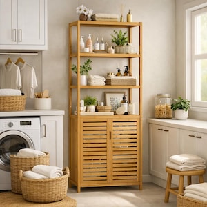 May include: A tall, light-colored bamboo shelving unit featuring four open shelves and a lower cabinet with two slatted doors. The shelves are filled with various bathroom and laundry supplies, including woven baskets, white towels, and small potted plants.